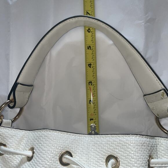 Aldo White W/Gold Woven Drawstring Bucket Bag Cross Body Convertible Top Handle - Picture 15 of 16